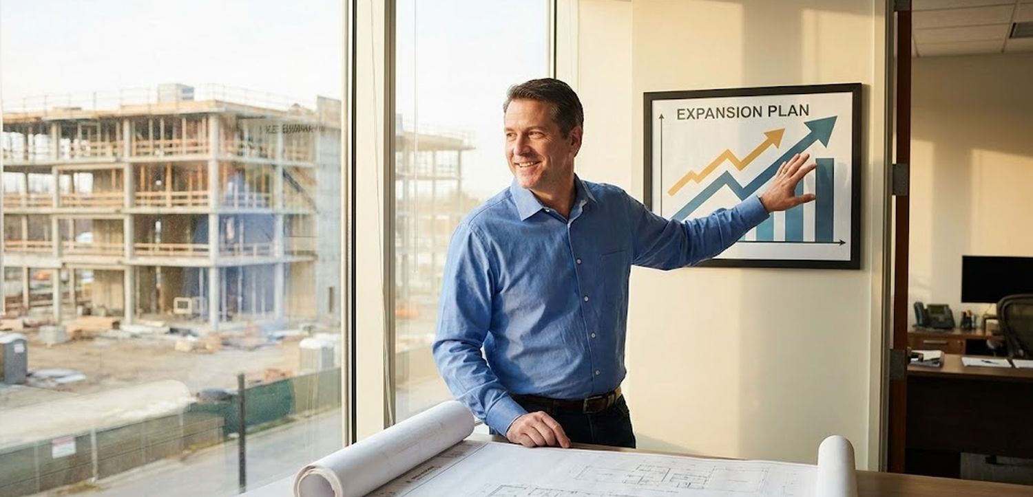 Empresario que planifica la expansión de la empresa con gráficos de crecimiento