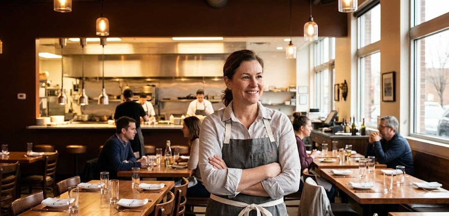 Propietario de restaurante en cocina comercial que busca financiación para su negocio.