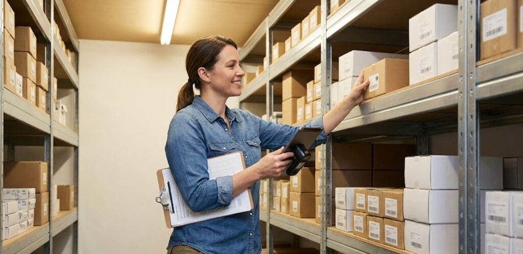 Small business owner managing inventory in warehouse stockroom.