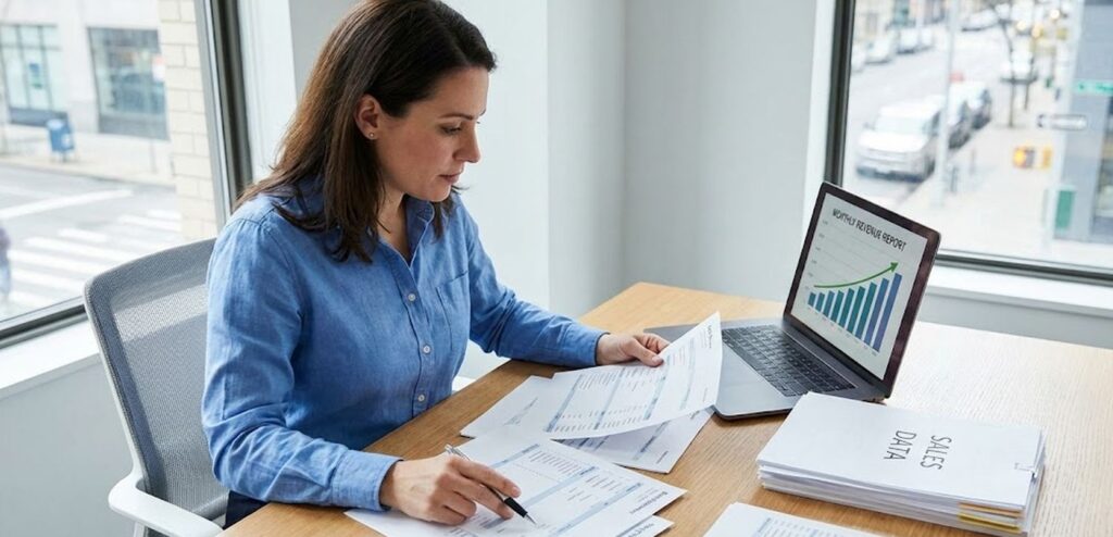 Business owner reviewing monthly revenue for loan qualification.