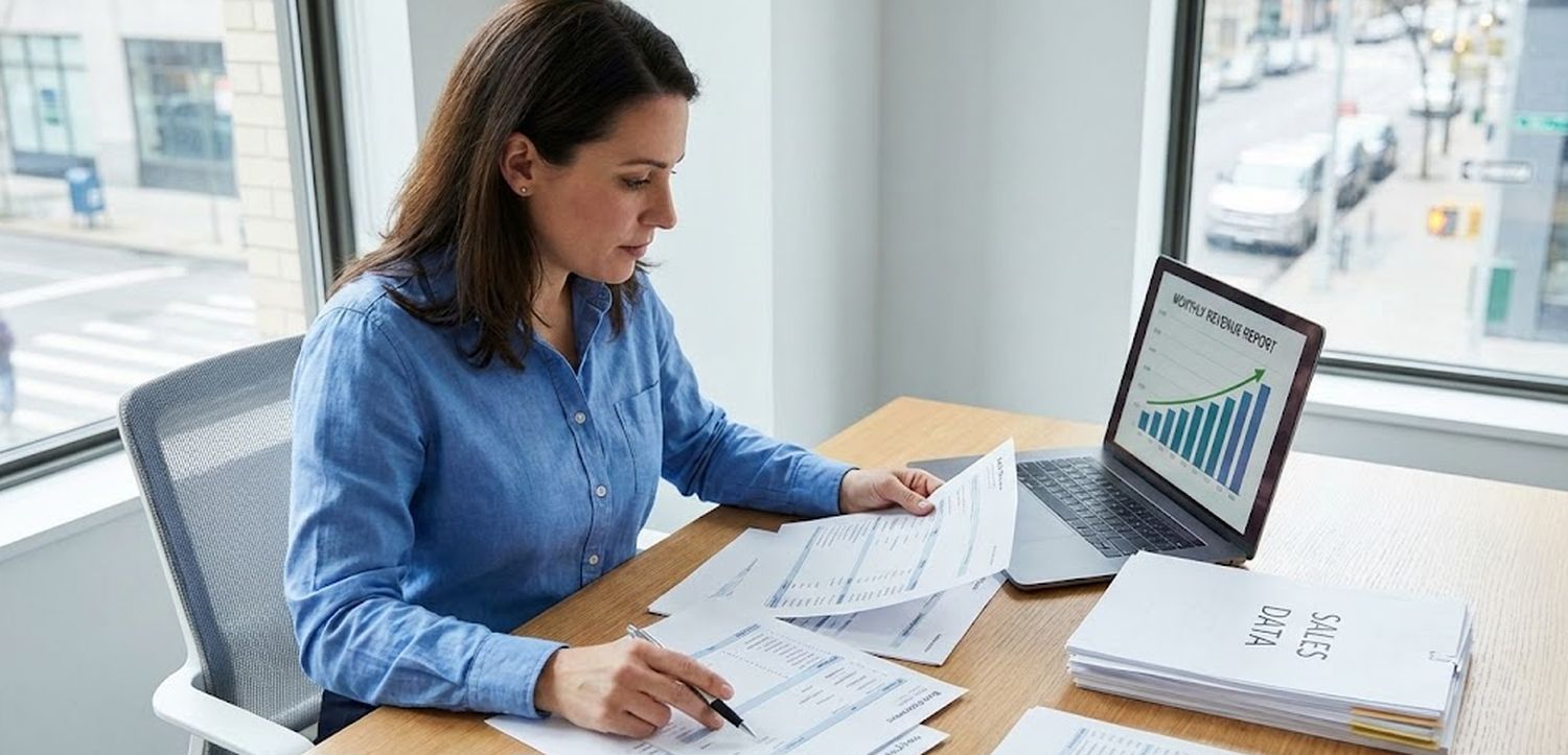 Business owner reviewing monthly revenue for loan qualification.