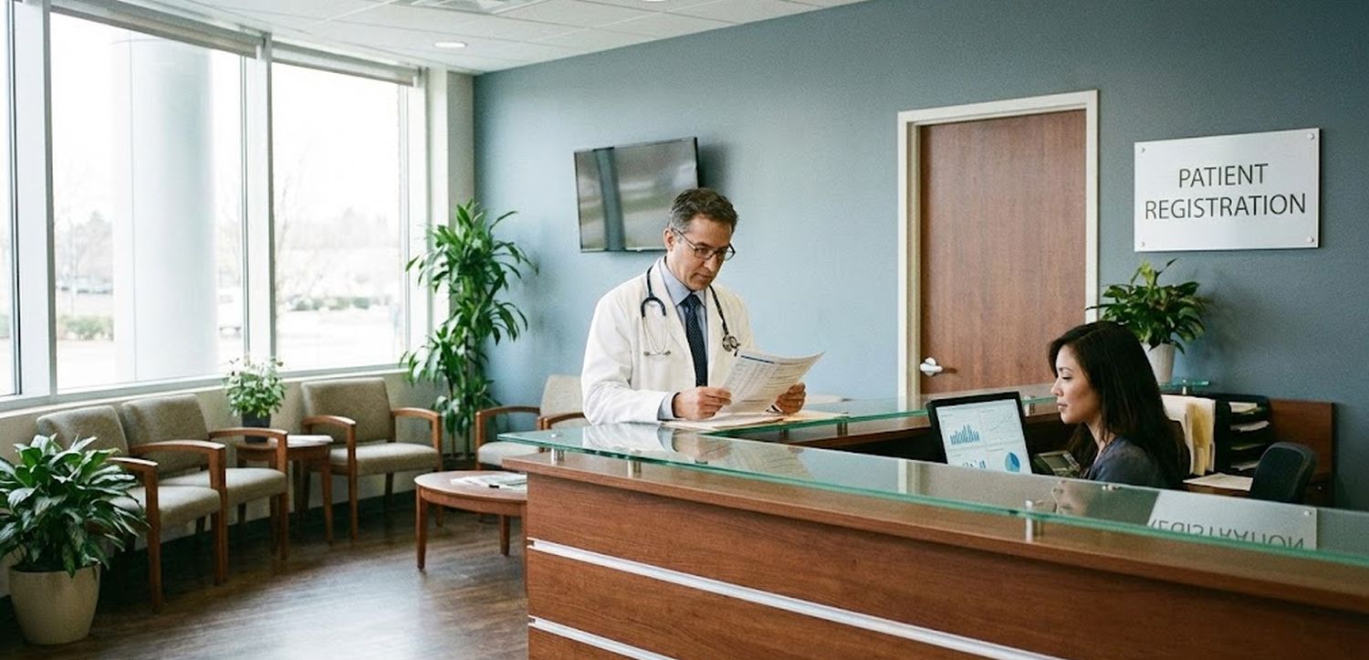 Profesional sanitario revisando los documentos de un préstamo comercial en una consulta médica