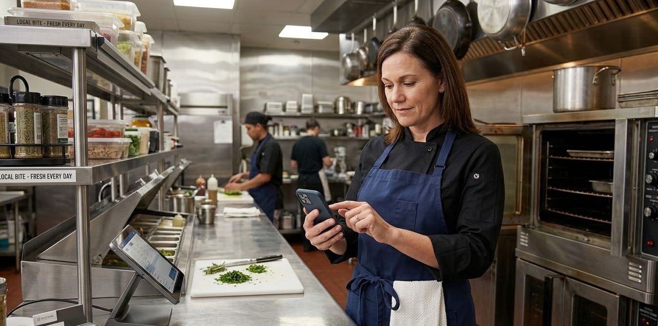 Propietaria de un negocio alimentario comprobando su teléfono para ver si le aprueban la financiación en su cocina comercial