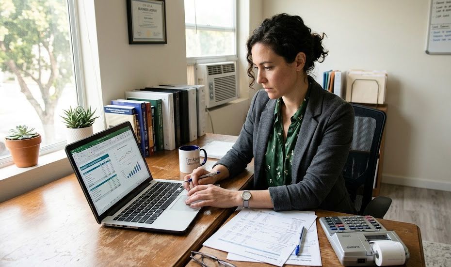 Business owner reviewing financial statements and evaluating using a line of credit to pay off existing debt.