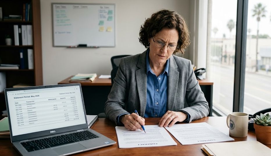 Business owner comparing two merchant cash advance contracts side by side at office desk.