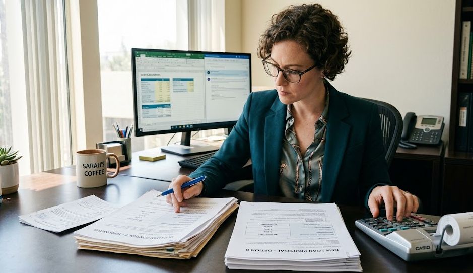 Business owner comparing existing merchant cash advance terms with refinance options at office desk.