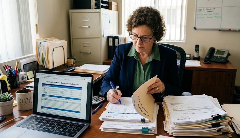Business owner preparing invoices and accounts receivable documents for an invoice factoring application.