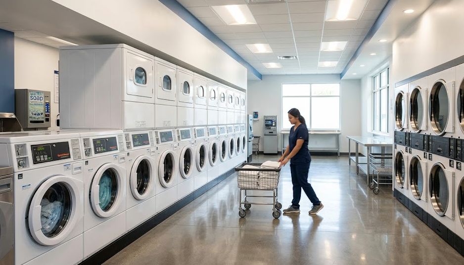 Interior of a modern commercial laundromat with rows of washers and dryers, representing laundromat startup costs.