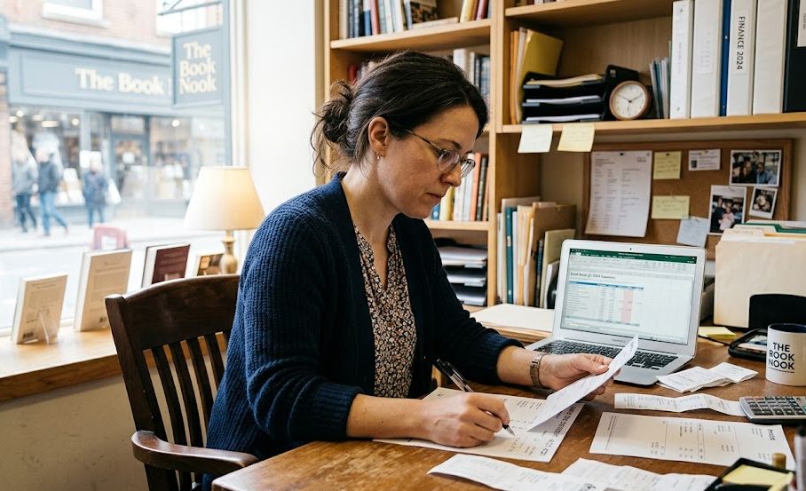 Small business owner reviewing bank statements and revenue records to request a merchant cash advance reconciliation.